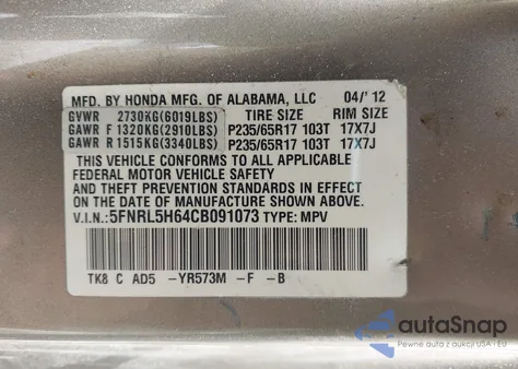 2012 Honda Odyssey Ex-L z USA, uszkodzony, nr VIN 5FNRL5H64CB091073